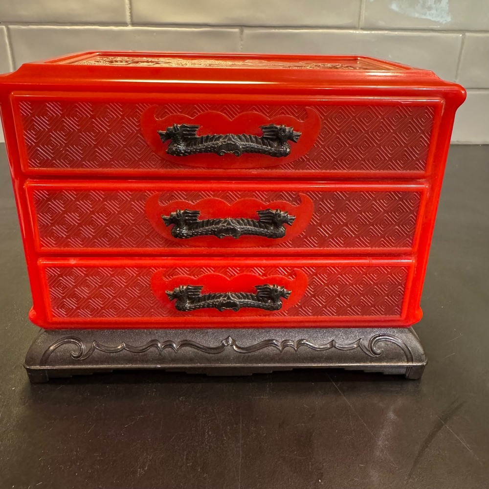 Jewelry Box Women Small Red Chinoiserie Dragon Handles 3-Drawer Pagoda Relief